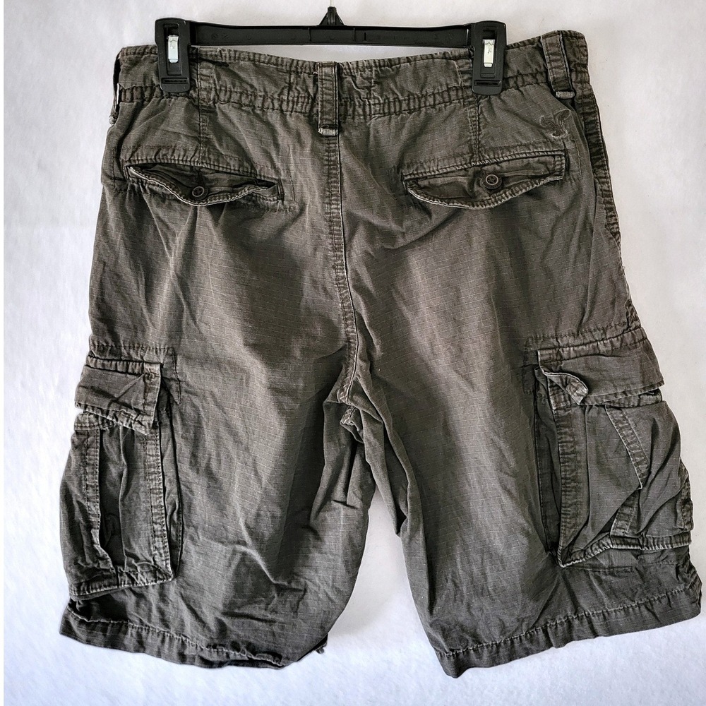 American Eagle Men 32 Cargo Shorts Y2K Khaki Green Utility Longer Length Ripstop - Picture 6 of 10